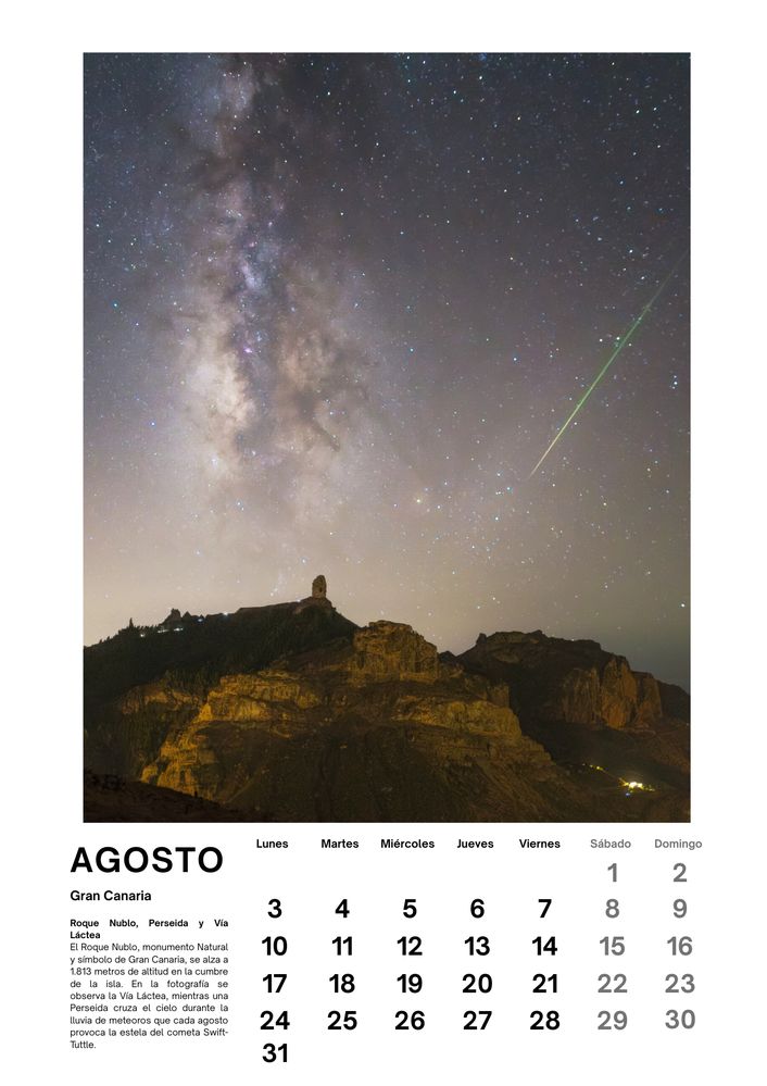 Agosto de 2026 del calendario de Iván Cárdenes Muñoz: Roque Nublo, Perseida y Vía Láctea, Gran Canaria