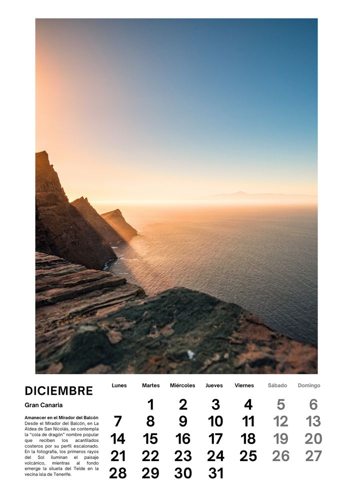 Diciembre de 2026 del calendario de Iván Cárdenes Muñoz: Amanecer en el Mirador del Balcón, Gran Canaria