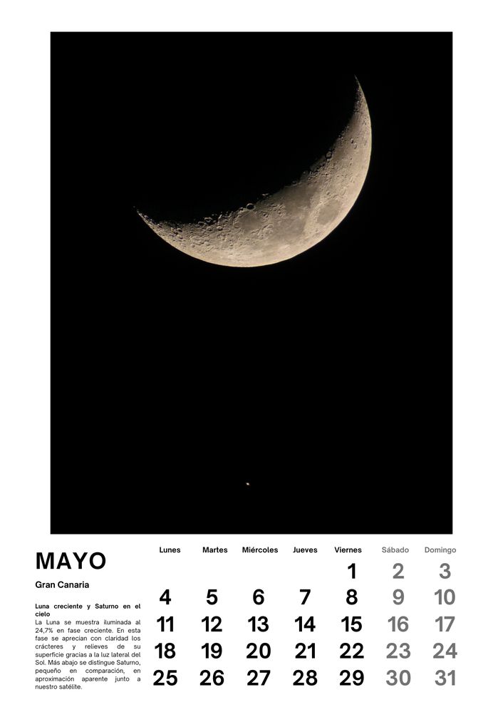 Mayo de 2026 del calendario de Iván Cárdenes Muñoz: Luna creciente y Saturno, Gran Canaria