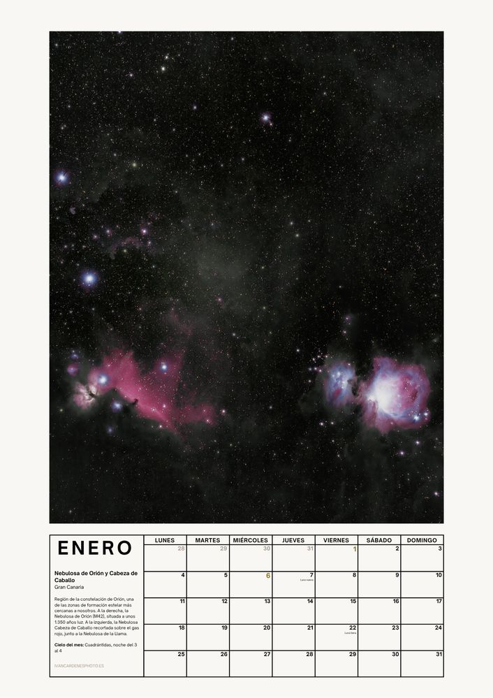 Enero de 2027 del calendario de Iván Cárdenes Muñoz: la Nebulosa de Orión y la Nebulosa Cabeza de Caballo