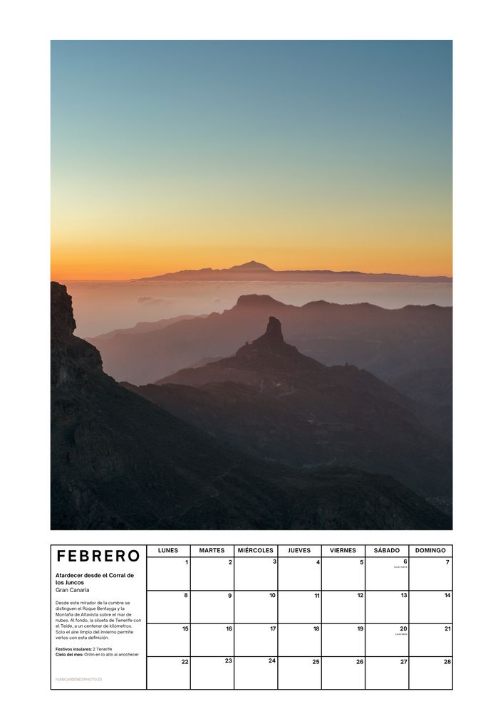 Febrero de 2027 del calendario de Iván Cárdenes Muñoz: atardecer desde el Corral de los Juncos, Gran Canaria