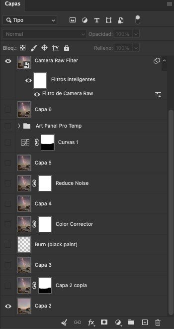 Panel de capas de Photoshop durante el revelado de una fotografía de la Vía Láctea, con capas de curvas, reducción de ruido y corrección de color